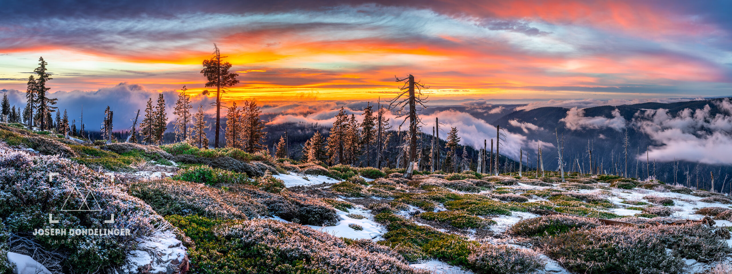 Panoramic image of a spectacular sunset over canyon fog